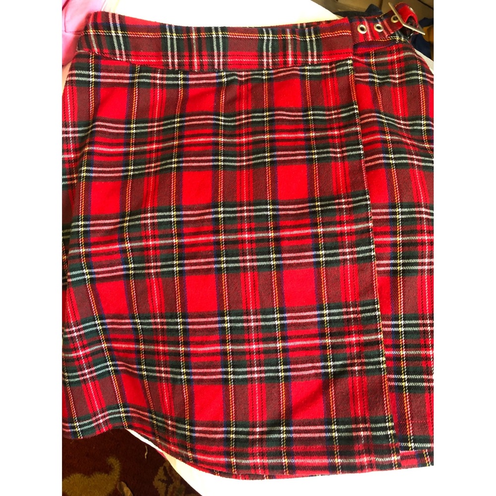 John Galt Academia Brandy Melville Red Plaid Wrap Mini Skirt Buckle OS